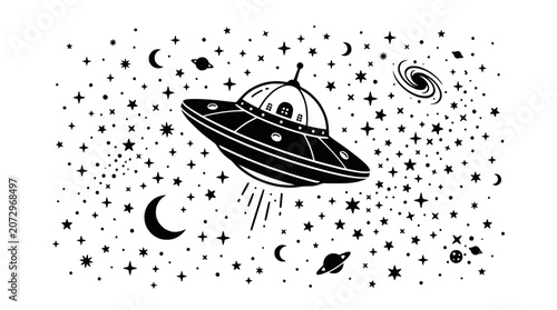Fotografie Retro flying saucer UFO hovering in starry night sky with planets and galaxy