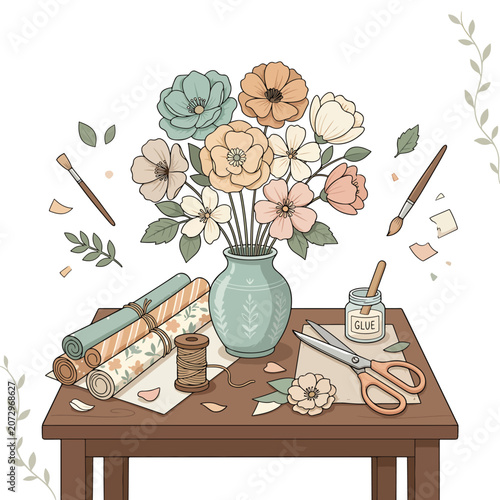 Flowers in vase on craft table.