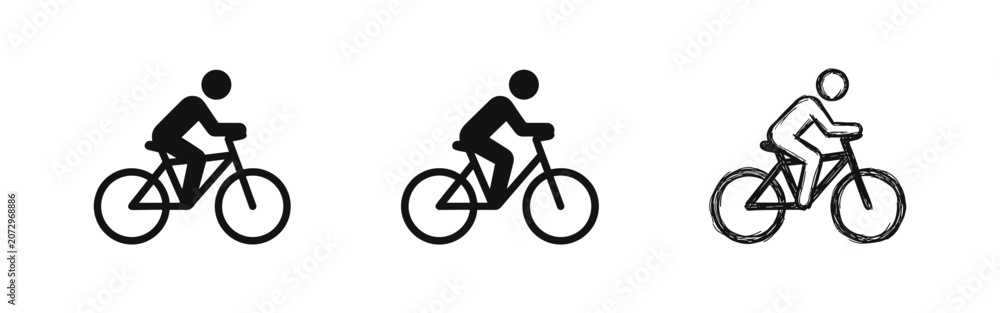 Naklejka premium Bicycle and cyclist icon set, solid, outline, and sketch style