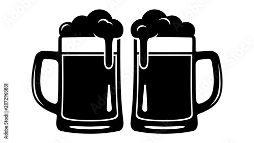 Bild auf Leinwand Two Dark Beer Mugs: A close-up illustration shows two dark beer mugs filled to the brim with frothy, overflowing beer, symbolizing refreshment and celebration