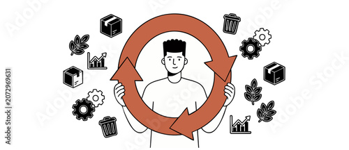 Canvastavla Circular economy concept vector illustration of man holding recycling arrows managing sustainable business supply chains, waste reduction, green logistics and environmental growth icons