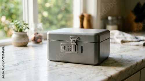 Secure Metal Safe Box on Wooden Table in Modern Home Environment.
