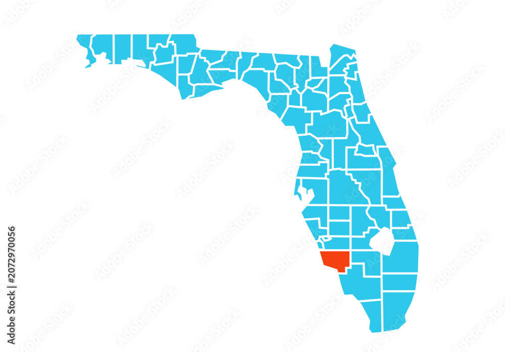 Fototapeta premium Lee County highlighted in orange on Florida state map with blue theme