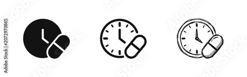 Quadro su tela Medicine time icons, pill and clock symbol for medical schedule