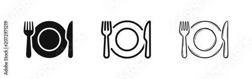 Foto Dinnerware set plate fork and knife icon collection, restaurant sign, cutlery sy