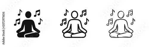 Photography Person meditating with music notes icon set, mindfulness and audio
