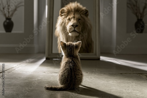 Cute kitten and lion mirror reflection concept showing Self-Esteem Conceptual and domestic animal behavior related with human mind.