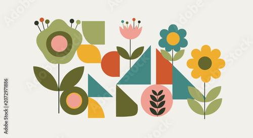 Abstract Mid Century Modern Geometric Flowers Design, Retro Style
