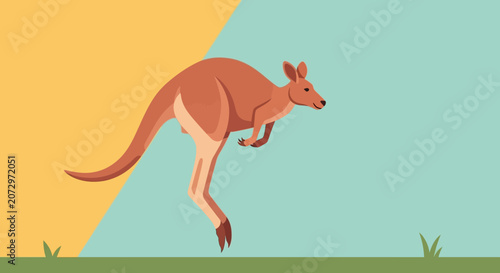 Kangaroo Jumping Across Abstract Geometric Background with Grass