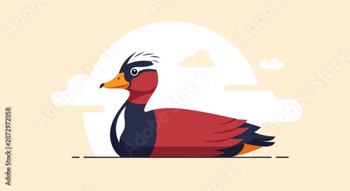 Illustration of a stylized duck with black, red, and white plumage
