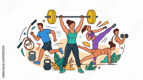 Active people engage in various exercises like weightlifting running and kickboxing