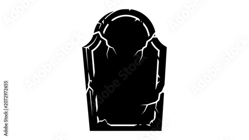 Schilderij op canvas Gravestone Silhouette: A stark black silhouette of a cracked and weathered gravestone, its surface empty, stands as a somber emblem of remembrance and the passage of time