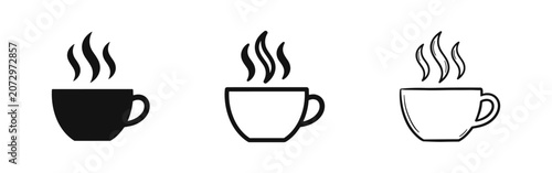 Cuadro en lienzo Hot drink icons set, coffee or tea cup with steam, cafe and beverage symbols