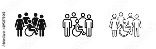 Foto Inclusive community with wheelchair user icon set in solid, outline, and hand-dr