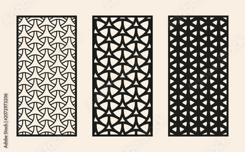Decorative laser cut panels with geometric triskelion Y-shape pattern. CNC laser cutting template set, abstract interlocking propeller privacy screen vector. Modern geometric lattice panels for cnc