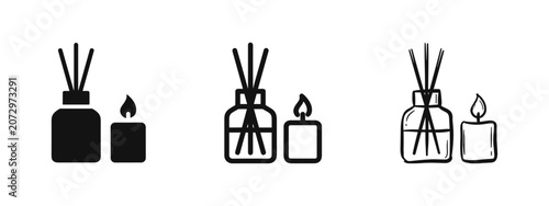 Obraz na płótnie Reed diffuser and scented candle icon set in three styles