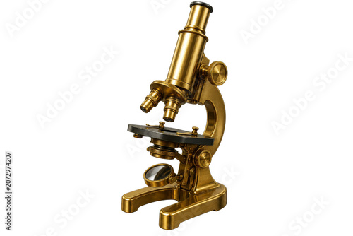 Vintage Antique Gold Brass Microscope Isolated on Black Background