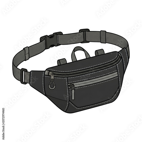 Functional black waist bag with adjustable grey strap and multiple zippered pockets designed for sports and travel utility