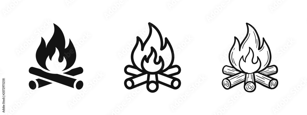 Fototapeta premium Campfire icon set, bonfire and wood logs symbols