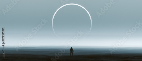 Lone Astronaut Approaching a Perfect Circle Cut Into the Horizon