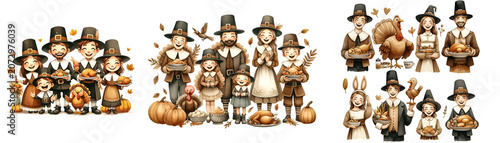 A watercolor clipart featuring a joyful family dressed in silly pilgrim and turkey-themed outfits, holding plates of food and laughing