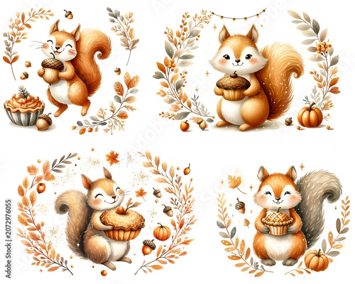 A watercolor clipart featuring a joyful squirrel holding an acorn pie, surrounded by sparkles and subtle autumn garlands