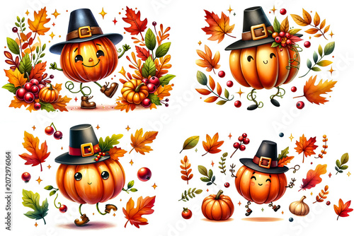 A watercolor clipart featuring a playful pumpkin character wearing a tiny pilgrim hat, balancing on wobbly vine legs