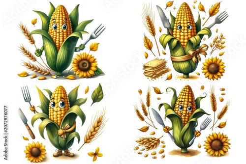A watercolor clipart featuring a mischievous corn cob character wrapped in husk leaves, holding a tiny fork and knife, ready to feast