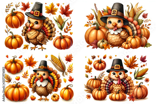 A watercolor clipart featuring a playful turkey dressed in a tiny pilgrim hat, surrounded by pumpkins, corn, and autumn leaves