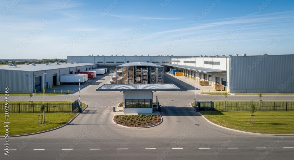 Fototapeta premium Expansive Modern Farm Logistics Distribution Warehouse Facility with Loading Docks and Security Entrance on a Sunny Day