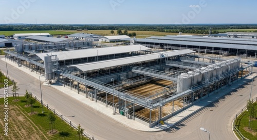Expansive modern farm sanitation facility under a clear blue sky, showcasing advanced agricultural infrastructure