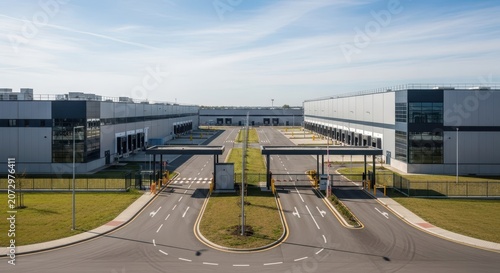 Expansive modern industrial warehouse complex with loading docks and entry gates, showcasing efficient logistics infrastructure