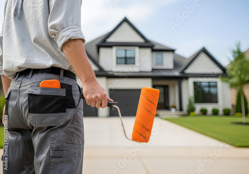 Professional painter holding an orange paint roller with a modern house in the background for exterior home renovation projects