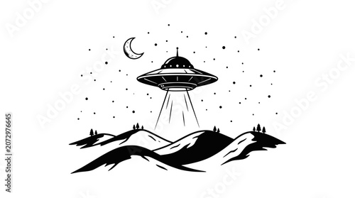 Fotografie Alien UFO hovering over hills with light beam, night sky with moon and stars