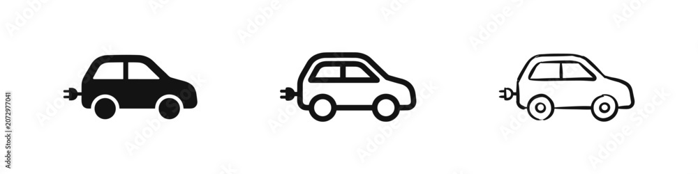 Naklejka premium Electric car icons set, eco vehicle symbols in hand drawn, solid and outline styles
