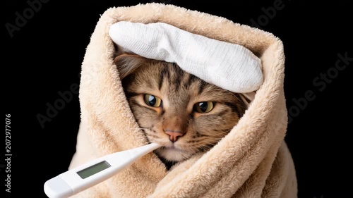 Static close up shot of tabby cat wrapped in towel having temperature taken with thermometer in studio black background