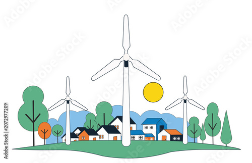 Flat vector illustration of hot air balloons flying above a vibrant village with trees and houses under a bright sun.