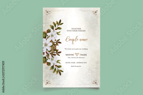 Luxury Beige Floral Wedding Card Template with Watercolor Clematis Illustration