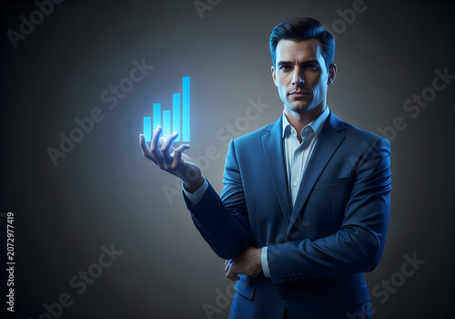 Professional businessman holding a glowing blue digital growth chart in his hand for financial analysis and corporate strategy