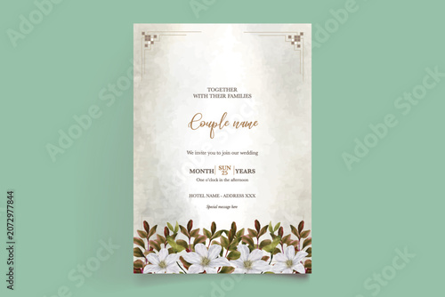 Luxury Beige Floral Wedding Card Template with Watercolor Clematis Illustration