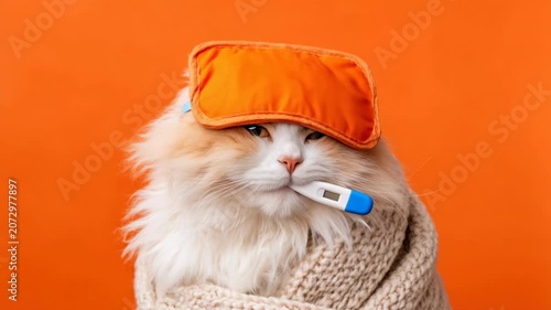 Static shot of cat wearing eye mask and thermometer wrapped in knitted blanket in orange studio close up cozy portrait