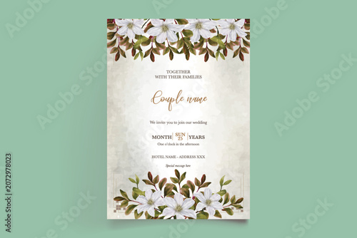 Luxury Beige Floral Wedding Card Template with Watercolor Clematis Illustration