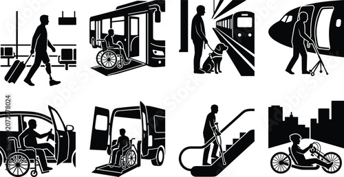 Foto Accessible public transportation and travel icons featuring disabled people using bus train airplane and car in image_1547d8
