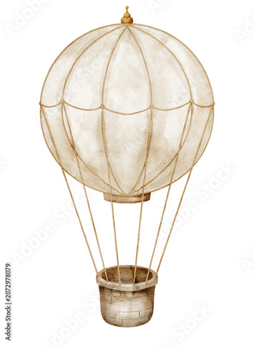 Hot air Balloon watercolor illustration. Pastel beige vintage aerostat with wicker basket and soft ropes on isolated background. Clipart for fantasy nursery posters or baby shower invitations.