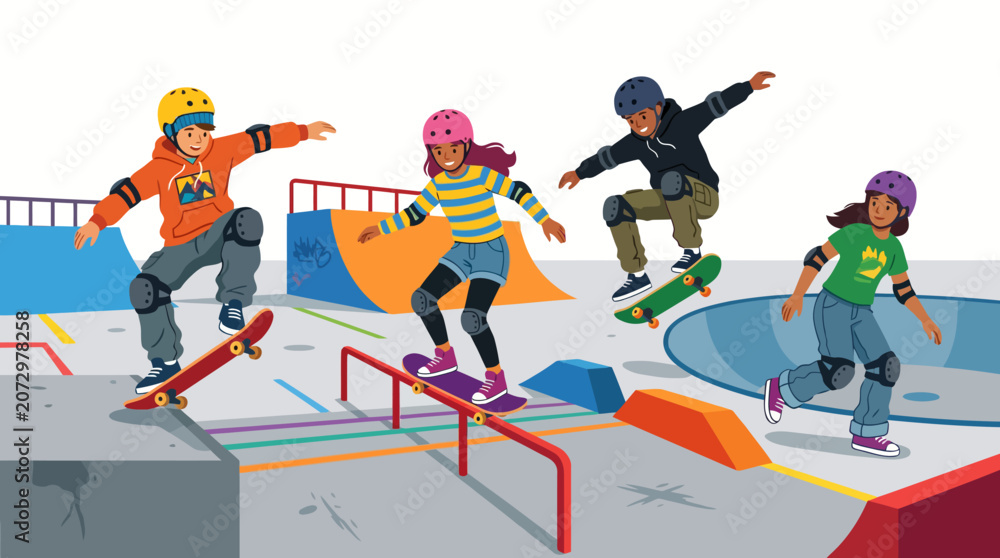 Fototapeta premium Teenagers skateboarding at a colorful skate park.