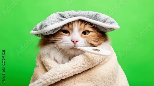 Static shot of cat wrapped in blanket with thermometer in mouth and ice pack on head against green background