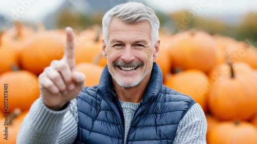 Tracking shot of middle aged man pointing and smiling while raising finger at pumpkin patch outdoors in autumn