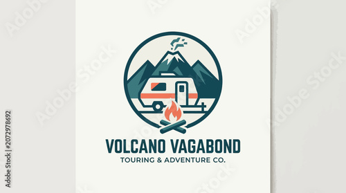 A logo features a camper, campfire, and mountains on a business card for a touring company.