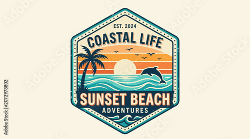 A serene sunset beach scene with a dolphin jumping over waves at a coastal life adventures location.
