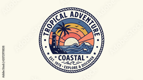 A vibrant tropical adventure logo features a sunset scene with palm trees and waves on a coastal setting